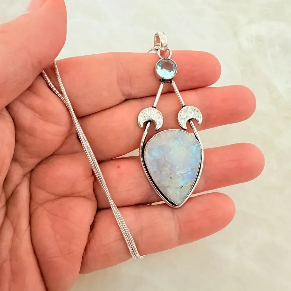 Rainbow Moonstone Crescent Moon Necklace 925 Plated, Celestial Pendant